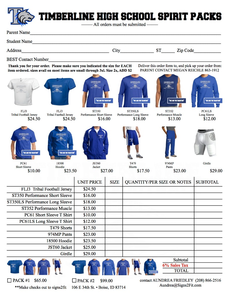 Timberline High School Spirit Packs Order Form Sample