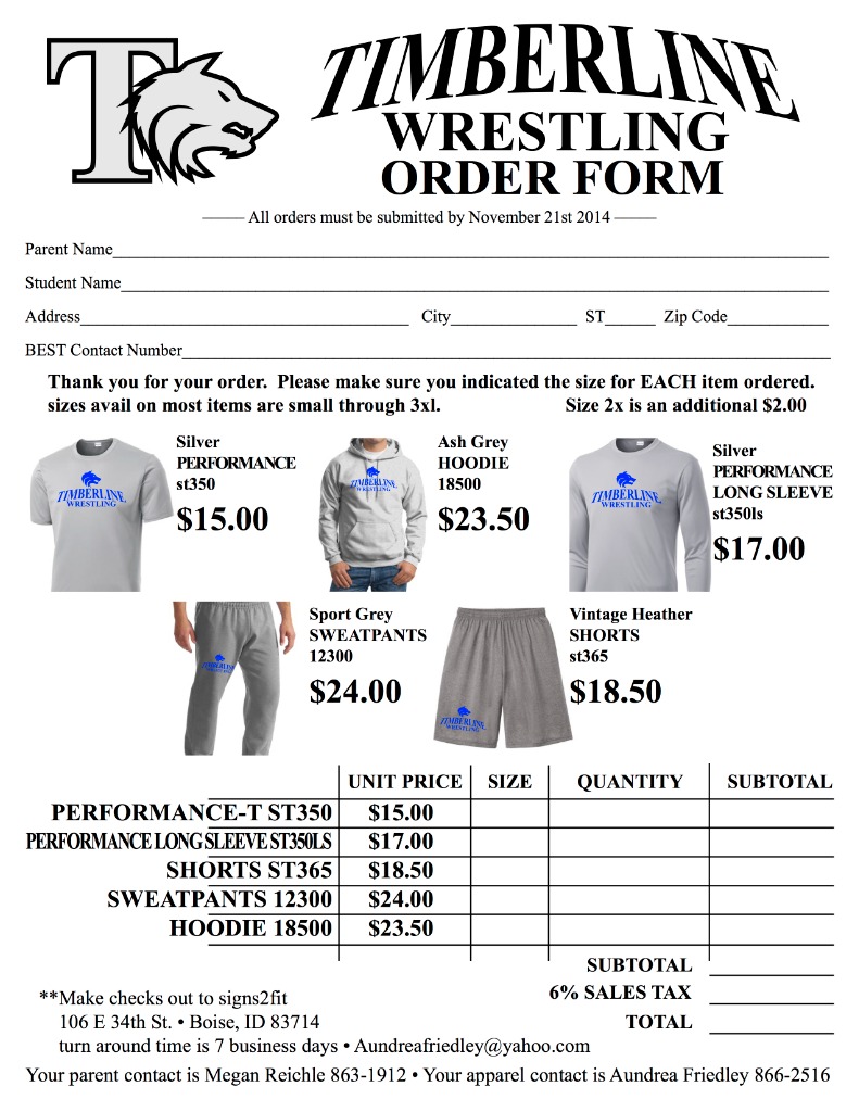 Timberline Wrestling Team Order Form Sample